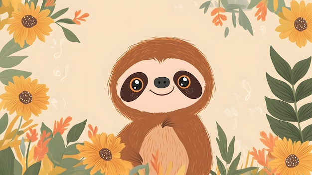 Photo a smiling sloth surrounded by yellow sunflowers and green leaves