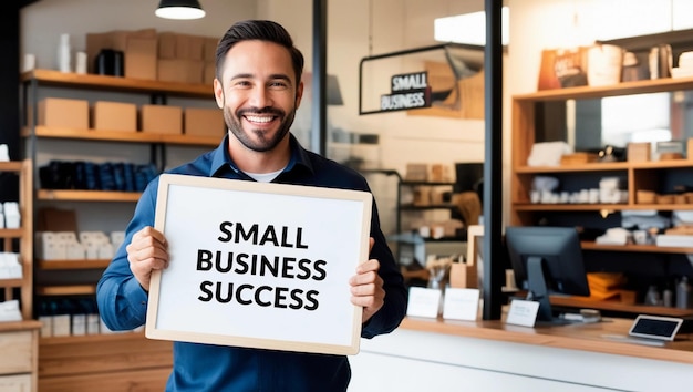 Photo a smiling small business owner man holding a white board with the text small business success