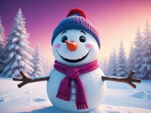 A smiling Snowman playing in blurry winter snow background Funny Holiday season wallpaper