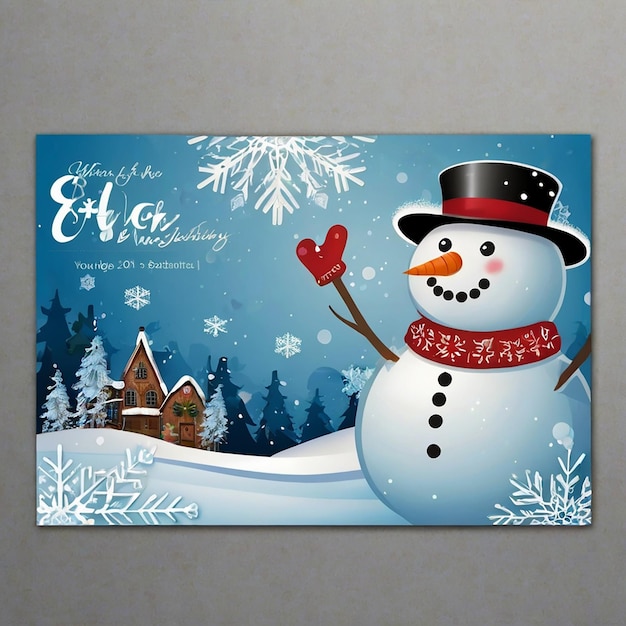 Photo smiling snowman with a red scarf and cap winter christmas landscape in night background with snowflakes mesh vector illustration