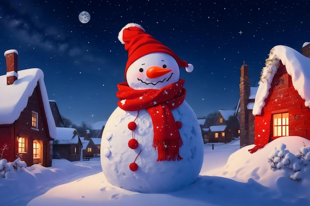 Smiling Snowman with Vibrant Red Scarf in SnowCovered Village under Starlit Sky