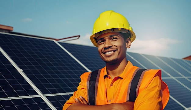 Smiling Solar Engineer with Solar Panels in Animated Style