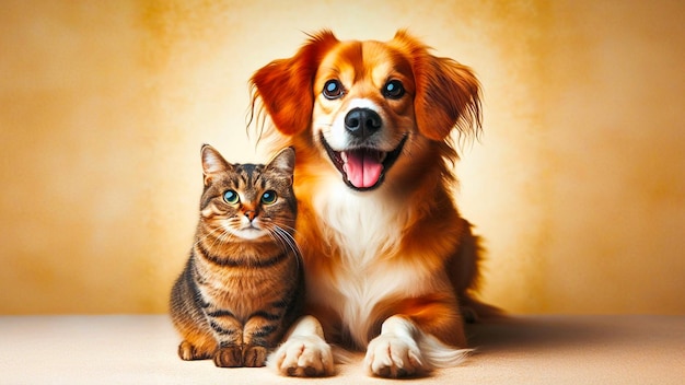 Smiling Spaniel and Tabby Cat Friends Against Warm Beige Backdrop