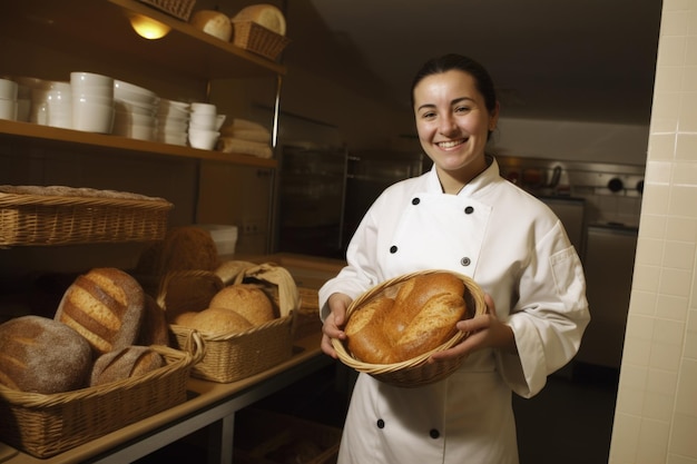 Smiling spanish female baker standing in home kitchen holding bread in basket Generative AI AIG21