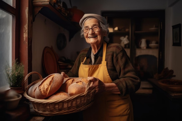 Smiling Spanish female senior baker standing in home kitchen holding bread in basket Generative AI AIG21