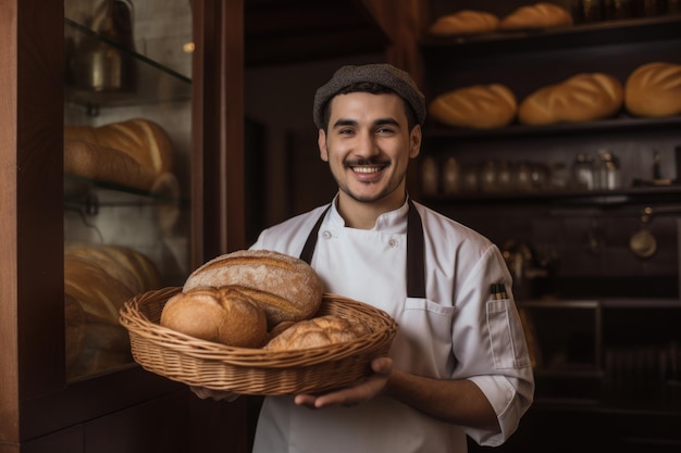 Smiling spanish male baker standing in home kitchen holding bread in basket Generative AI AIG21