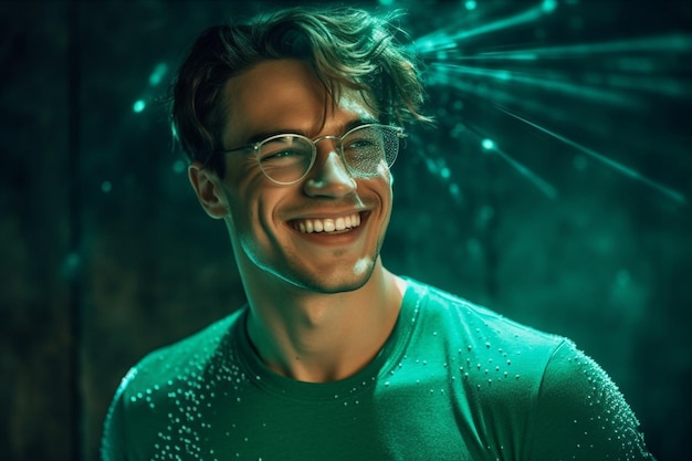 Photo smiling sporty male model in green tshirt and glasses