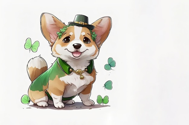 Smiling St Patrick's Pomeranian puppy in a green leprechaun hat on white background Watercolor cartoon Generative AI