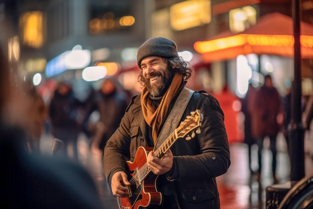 Smiling Street Musician Performing with Guitar in Evening City Lights