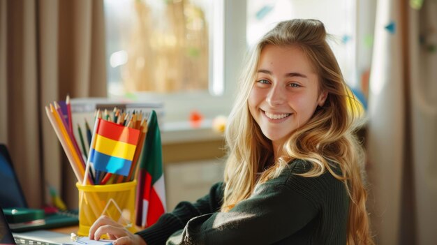 Photo the smiling student at desk