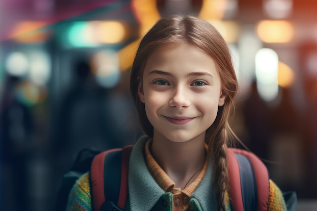 Smiling student girl bag Success portrait Generate Ai