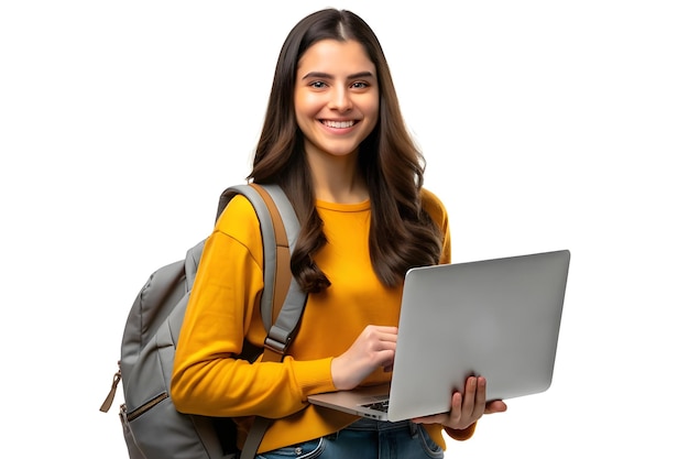 Smiling student girl with a backpack standing and holding a laptop against a white background