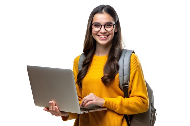 Smiling student girl with a backpack standing and holding a laptop against a white background