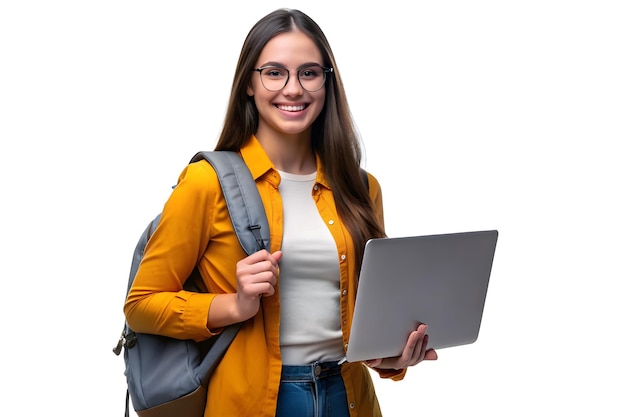 Smiling student girl with a backpack standing and holding a laptop against a white background