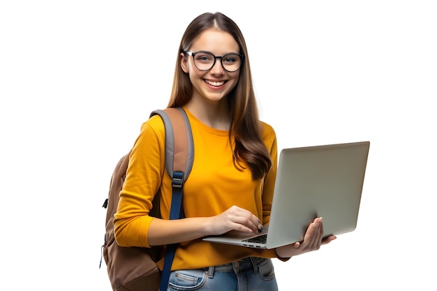 Smiling student girl with a backpack standing and holding a laptop against a white background