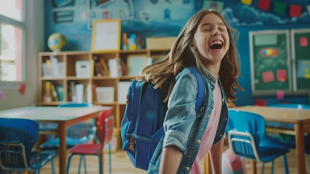 Smiling student with backpack in class