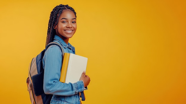 Smiling student with backpack holding a book against a bright yellow background