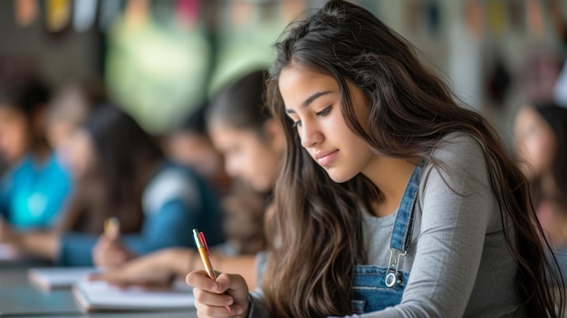 A smiling student with curly hair and a denim jacket is sitting in a classroom turning around to smile at the camera while others are focused on their laptops