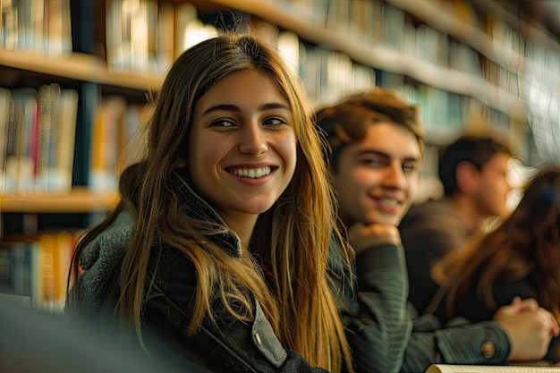 Photo smiling students in library