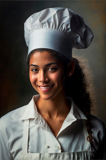 Smiling and Stunning DarkSkinned Chef in Apron and Hat Poses Against a Dark Backdrop for a Portrait in the Studio