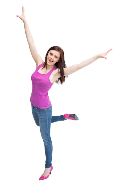 Smiling stylish brunette wearing high shoes cheering up