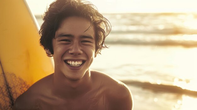 Photo a smiling surfer enjoys a sunny day at the beach radiating joy and carefree spirit