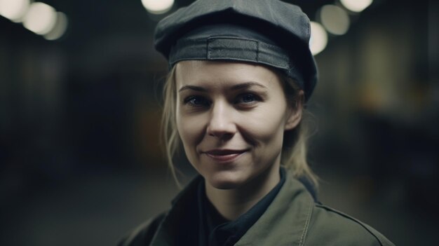 A smiling Swedish female factory worker standing in metal sheet factory