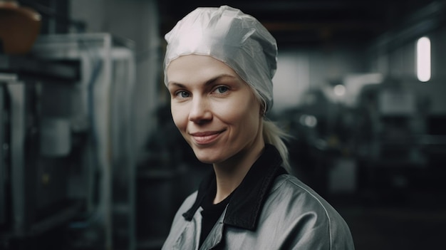 A smiling Swedish female factory worker standing in metal sheet factory