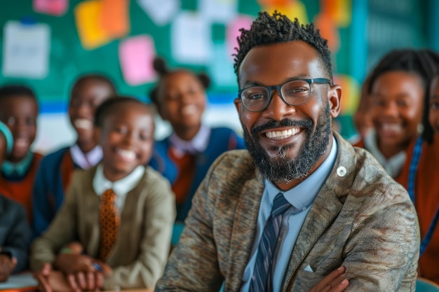 Smiling Teacher with a Group of Diverse Students in a Bright Classroom Enjoying Learning Activities