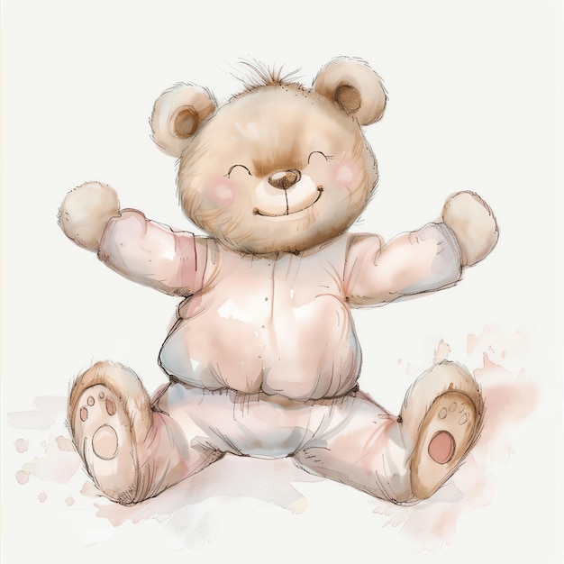 smiling teddy bear jumping with pink clothes for baby nursery watercolor illustration