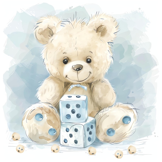 smiling Teddy bear sitting in front of dice in light blue for baby nursery watercolor