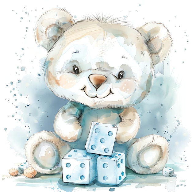 smiling Teddy bear sitting in front of dice in light blue for baby nursery watercolor