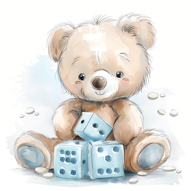 smiling Teddy bear sitting in front of dice in light blue for baby nursery watercolor