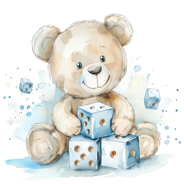 smiling Teddy bear sitting in front of dice in light blue for baby nursery watercolor