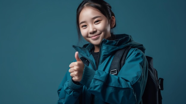 Smiling Teen Asian Girl in Bright Blue Studio generative ai