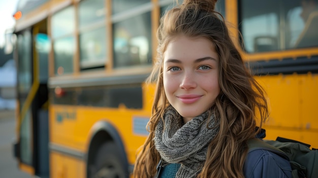 Smiling Teen Girl with Backpack by School Bus