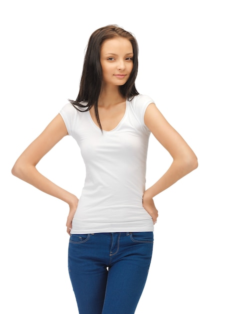 smiling teenage girl in blank white t-shirt