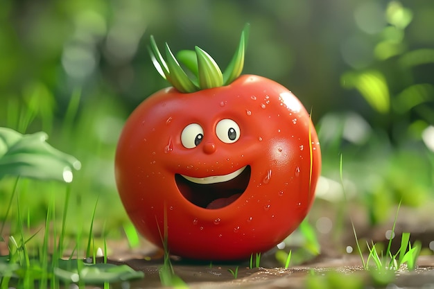 Photo smiling tomato cartoon character in 3d style with a bright red color and a little green stem generated by ai