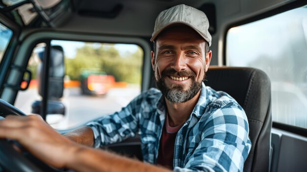 Smiling Truck Driver in Cab Closeup Holding Steering Wheel