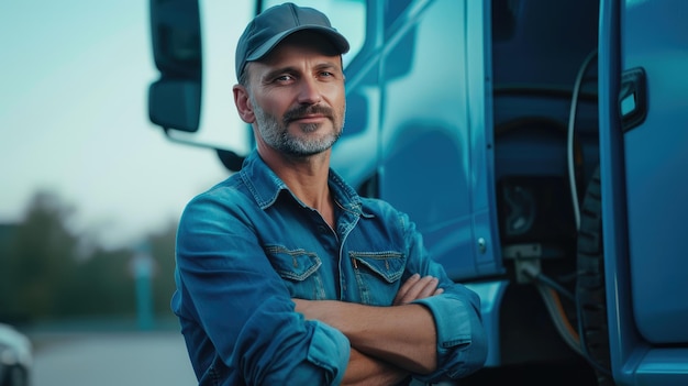 Smiling Truck Driver and Modern Electric Vehicle