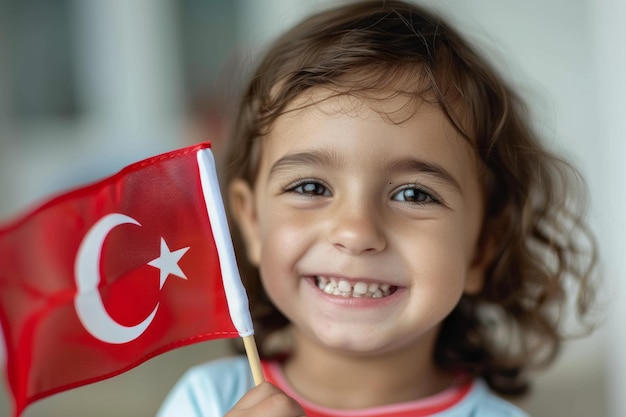 smiling turkish child with national national flag in hand on white background