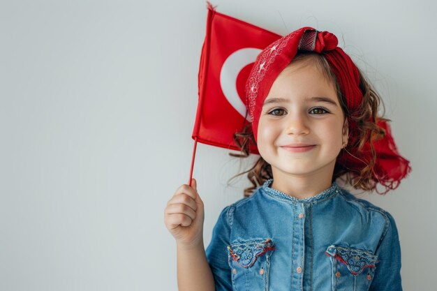 smiling turkish child with national national flag in hand on white background