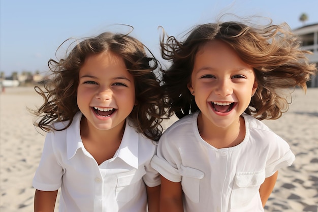 Smiling two small girls in white shirts hair flowing embracing joy at the beach