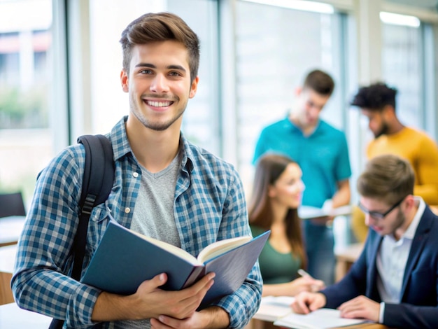 Photo a smiling university student holding a textbook with classmates reading in the background