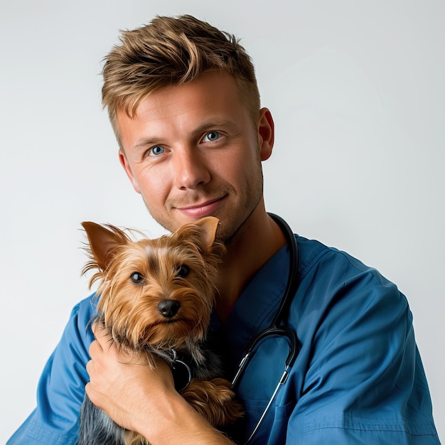 Smiling vet holding a small dog showing care and professionalism Veterinary clinic pet care and animal health concept