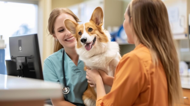 Photo smiling veterinarian with adorable corgi