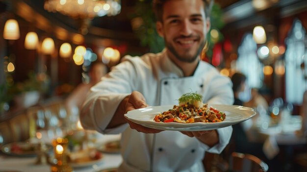 Smiling Waiter Serving Food in a Busy Restaurant