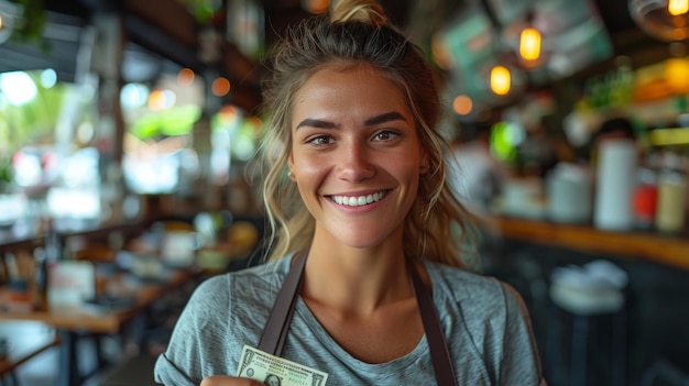 Smiling Waitress Accepts Payment with Credit Card and Cash