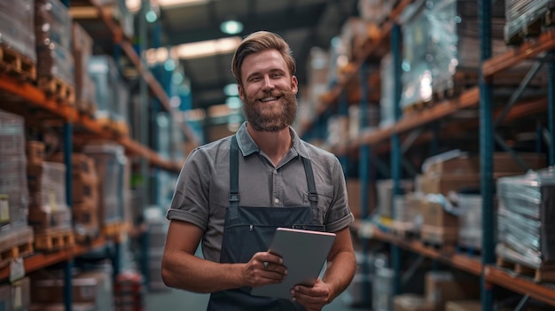 A Smiling Warehouse Worker with Tablet