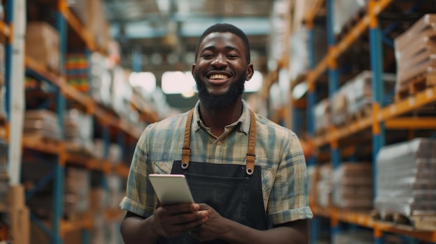 Smiling Warehouse Worker with Tablet